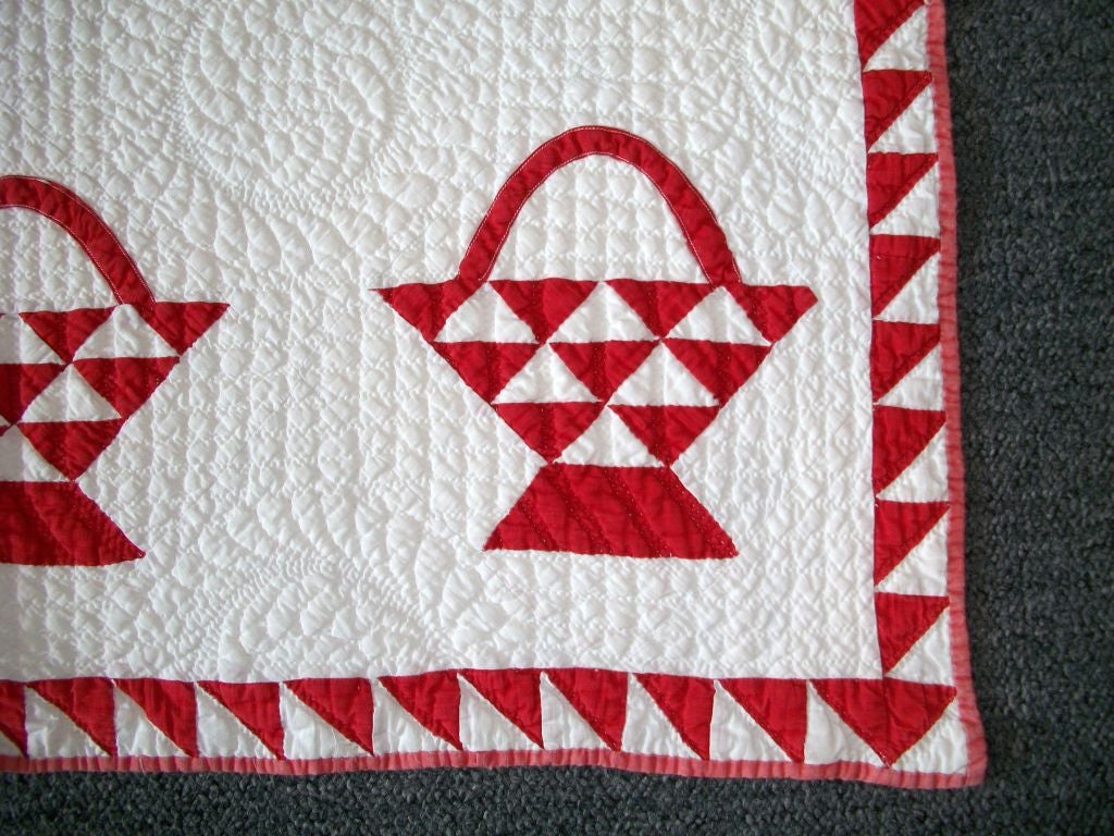 19THC RED&WHITE  BASKETS QUILT