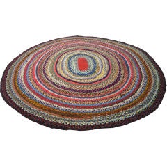 Vintage 20TH C. MULTI-COLORED WOOL OVAL BRAIDED RUG W/RED CENTER