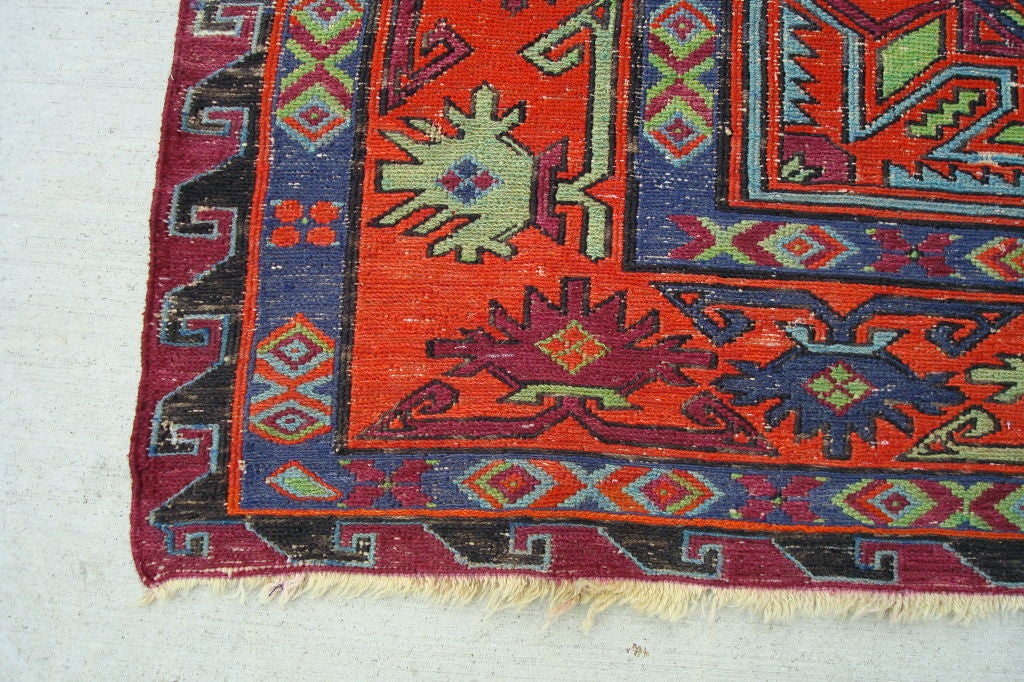 THIS BEAUTIFUL EARLY 20TH C. WOOL RUSSIAN HAND HOOKED RUG IS A MASTER PIECE. THE COLORS ARE GREAT AND CONDITION IS PRISTINE. REDS, BLUE, TURQUOISE, BURG.,BLACK.