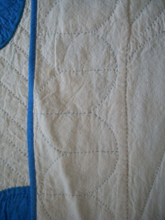 20TH C.  COTTON SATEEN APPLIQUE QUILT/BLUE & CREAM 5