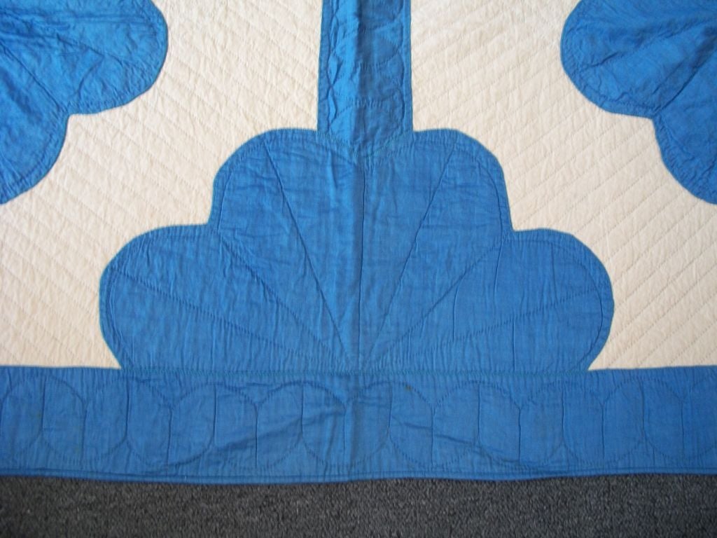 Mid-20th Century 20TH C.  COTTON SATEEN APPLIQUE QUILT/BLUE & CREAM