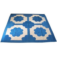 20TH C.  COTTON SATEEN APPLIQUE QUILT/BLUE & CREAM