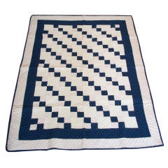 Used 19THC BLUE & WHITE FOUR PATCH POSTAGE STAMP CRIB QUILT