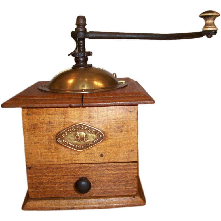 19TH C. WOODEN COFFEE GRINDER W/IRON, WOOD AND BRASS HANDLE
