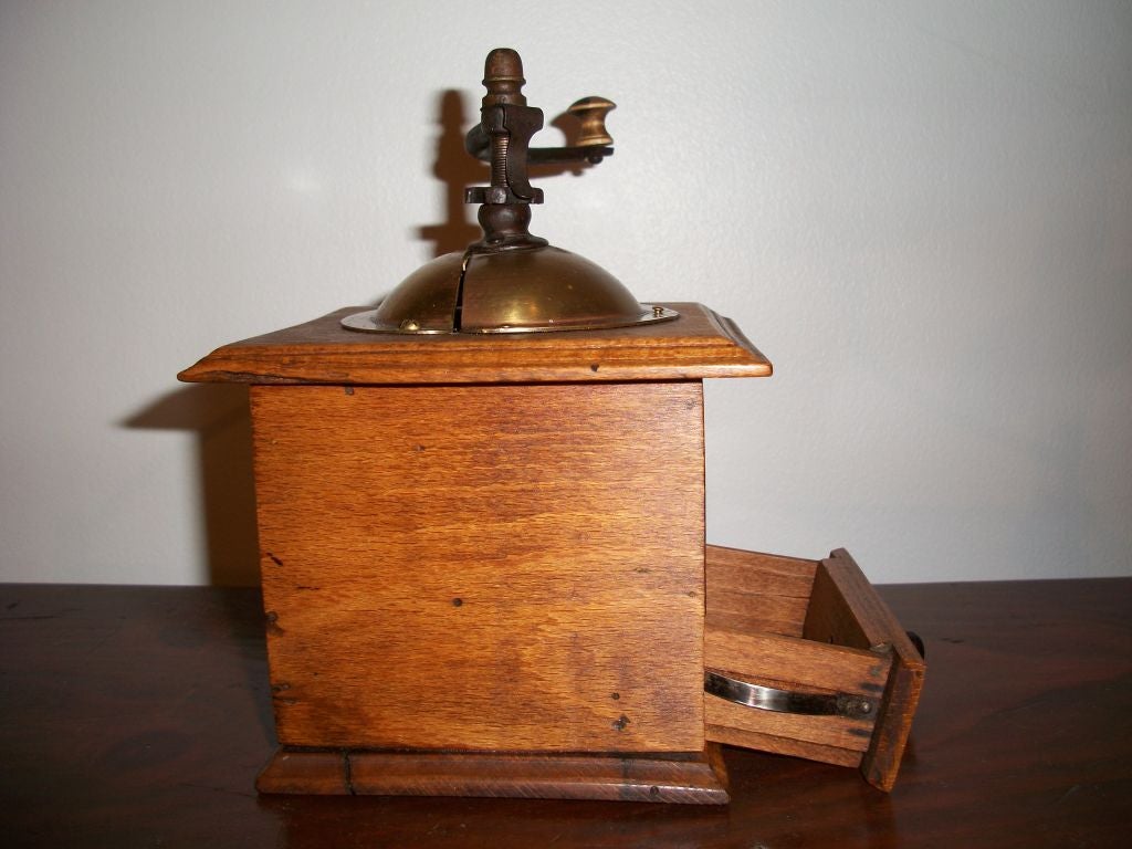American 19TH C. WOODEN COFFEE GRINDER W/IRON, WOOD AND BRASS HANDLE