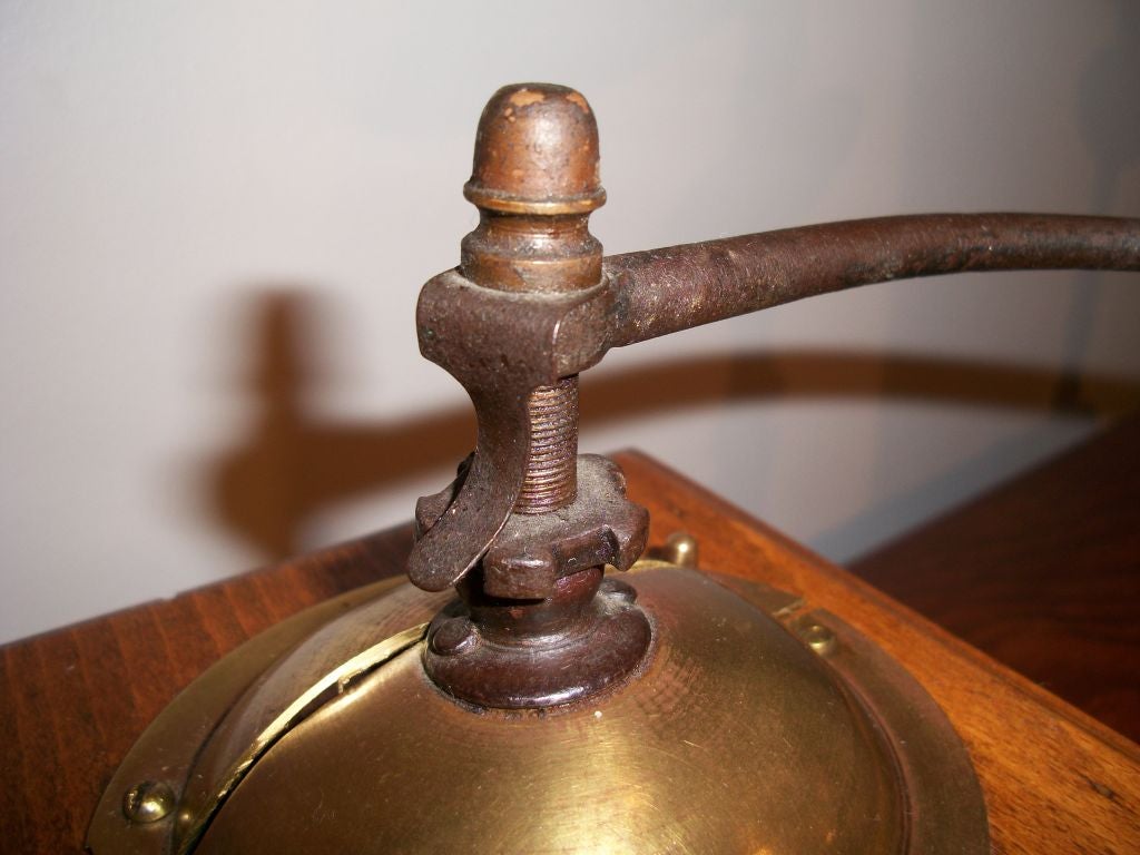 Wood 19TH C. WOODEN COFFEE GRINDER W/IRON, WOOD AND BRASS HANDLE