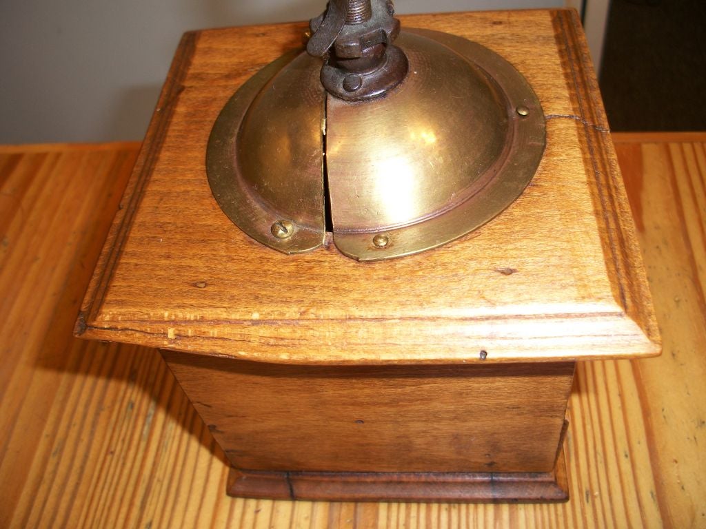 19TH C. WOODEN COFFEE GRINDER W/IRON, WOOD AND BRASS HANDLE 2