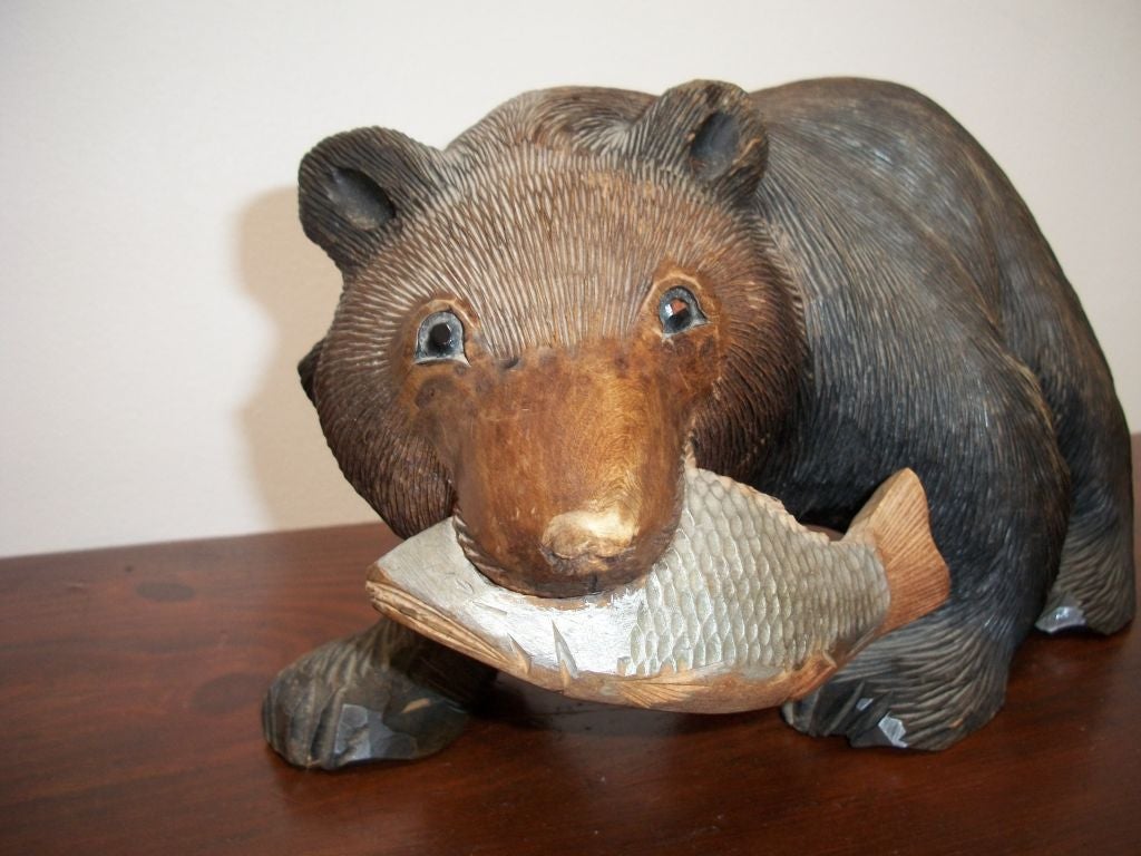 20TH C. HAND CARVED BEAR WITH FISH