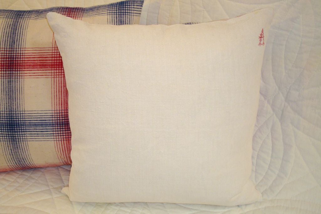 American 19TH C. LINEN PLAID PILLOWS IN RED, WHITE, AND BLUE.