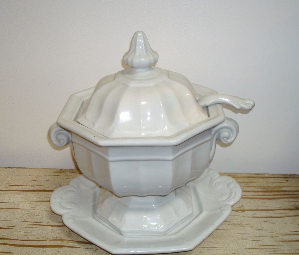 CIRCA 1860 LARGE 4 PC IRONSTONE SOUP TERRINE. TERRINE W/LID, DISH, AND LADLE. VERY RARE TO FIND ALL PIECES IN GOOD CONDITION.
