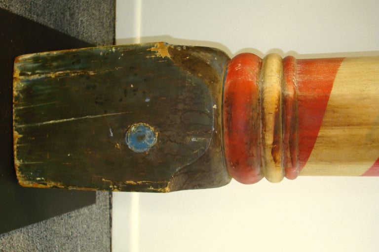 RARE 19TH C ORIGINAL PAINTED BARBER POLE ON STAND FROM MAINE 5
