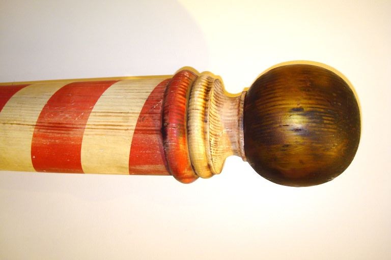 American RARE 19TH C ORIGINAL PAINTED BARBER POLE ON STAND FROM MAINE