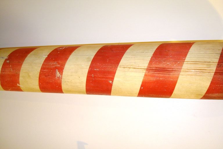 19th Century RARE 19TH C ORIGINAL PAINTED BARBER POLE ON STAND FROM MAINE