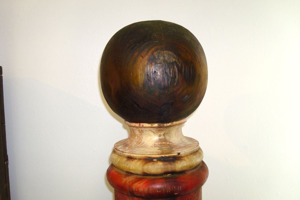 RARE 19TH C ORIGINAL PAINTED BARBER POLE ON STAND FROM MAINE 2