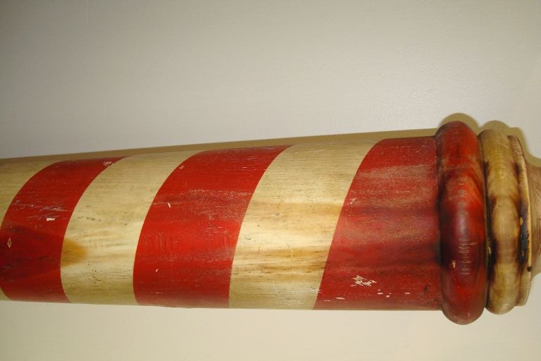 RARE 19TH C ORIGINAL PAINTED BARBER POLE ON STAND FROM MAINE 3