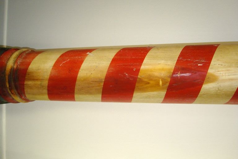 RARE 19TH C ORIGINAL PAINTED BARBER POLE ON STAND FROM MAINE 4