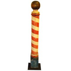 RARE 19TH C ORIGINAL PAINTED BARBER POLE ON STAND FROM MAINE