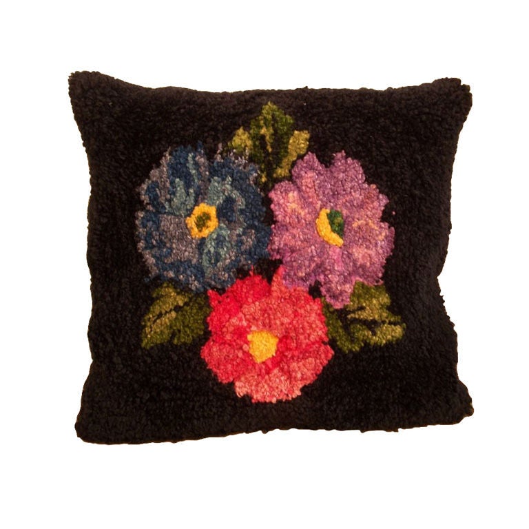 HAND HOOKED RUG PILLOW WITH BLACK LINEN BACKING at 1stdibs