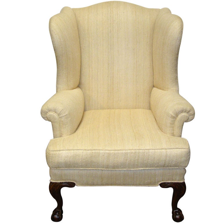 19THC CHIPPENDALE BALL & CLAW CARVED FEET WING CHAIR
