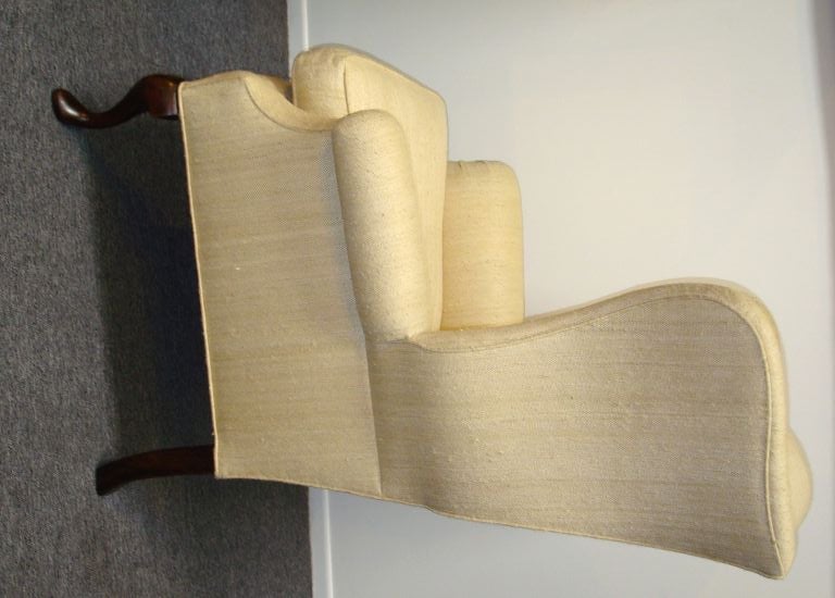 LATE 19THC WING CHAIR W/QUEEN ANNE LEGS IN RAW SILK LINEN