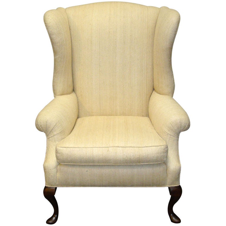 LATE 19THC WING CHAIR W/QUEEN ANNE LEGS IN RAW SILK LINEN