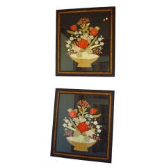 19THC ENGLISH EXTREMELY  RARE PAIR OF FRAMED FLORAL NEEDLEWORK