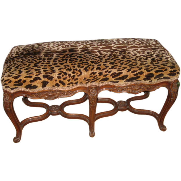 French Walnut Bench In Leopard Fabric For Sale