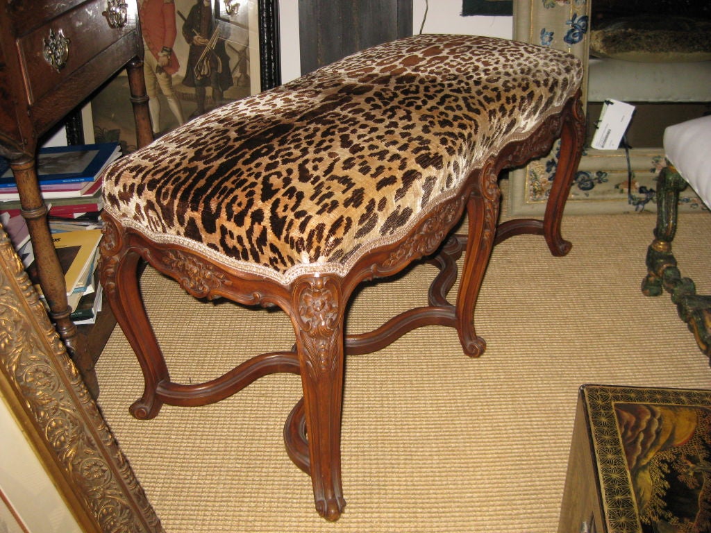 20th Century French Walnut Bench In Leopard Fabric For Sale