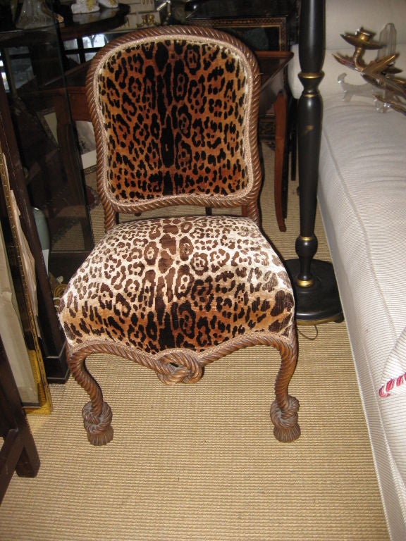 Italian Carved Wood Rope Chair In Leopard Fabric