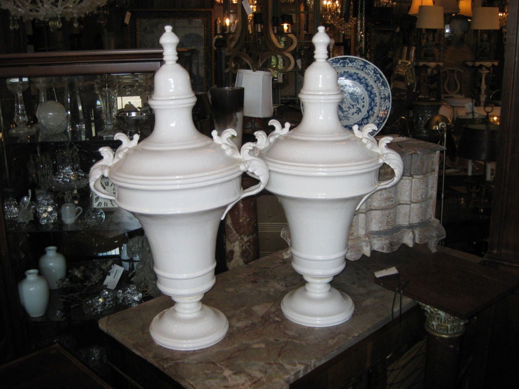 Great looking very large pair of French made white ceramic lidded apothecary jars.