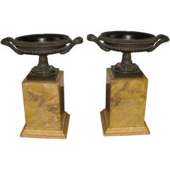 Pair of Early  19th C Small Bronze and Marble Urns