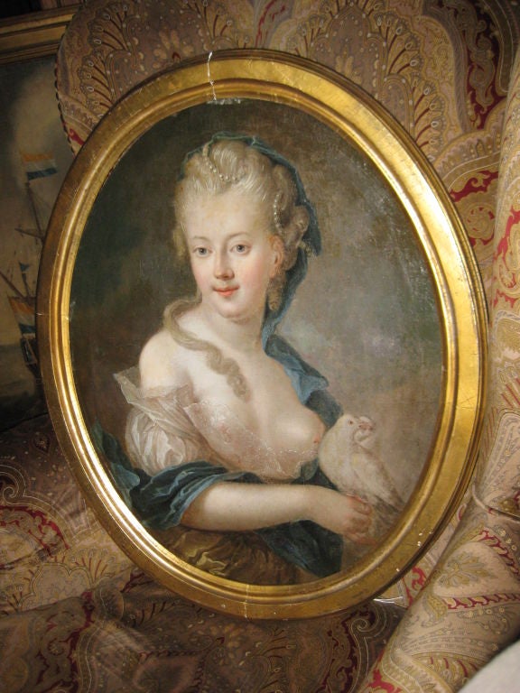 Pretty 18th C Painting of a Woman with Pearls In Her Hair For Sale 6