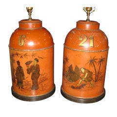 Pair of Orange Tole Tea Canister Lamps