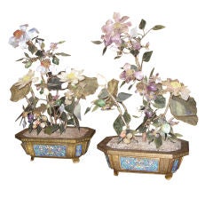 Pair of Early 20th C Jade Trees In enamel and Gilt Jardinieres
