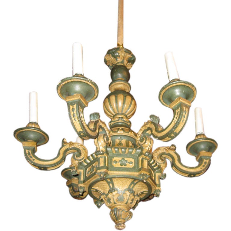 Carved Wood and Paint  Decorated Six Light Chandelier For Sale