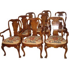 Vintage Set of Six Queen Anne Style Dining Chairs With Tapestry Seat