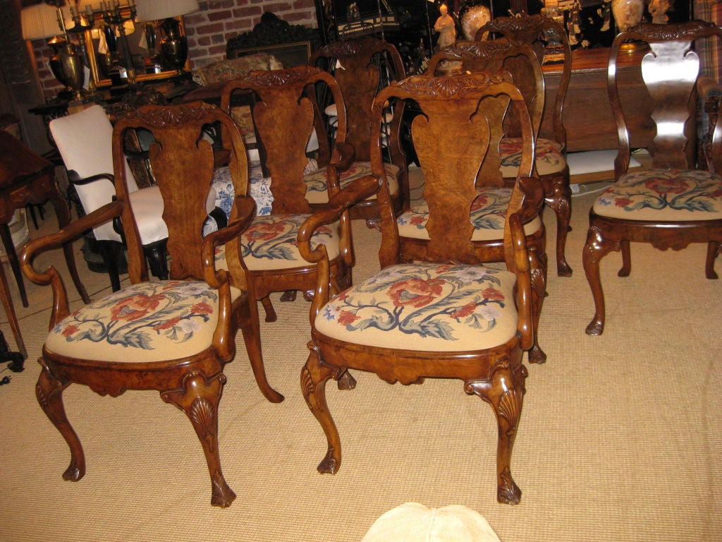 Set of Six Queen Anne Style Dining Chairs With Tapestry Seat