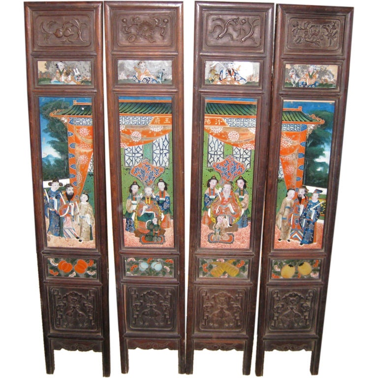 Highly Decorative Four Panel 19th C Reverse Painted Screen For Sale