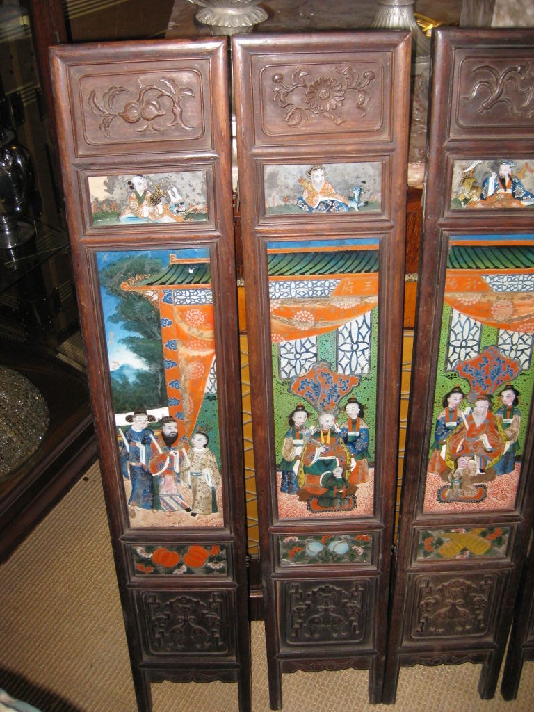 Great looking small multi-panelled reverse painted & carved wood screen