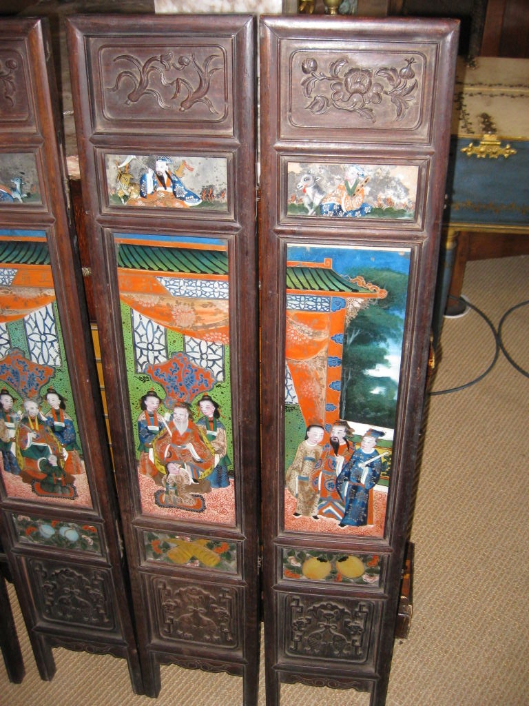 Chinese Highly Decorative Four Panel 19th C Reverse Painted Screen For Sale