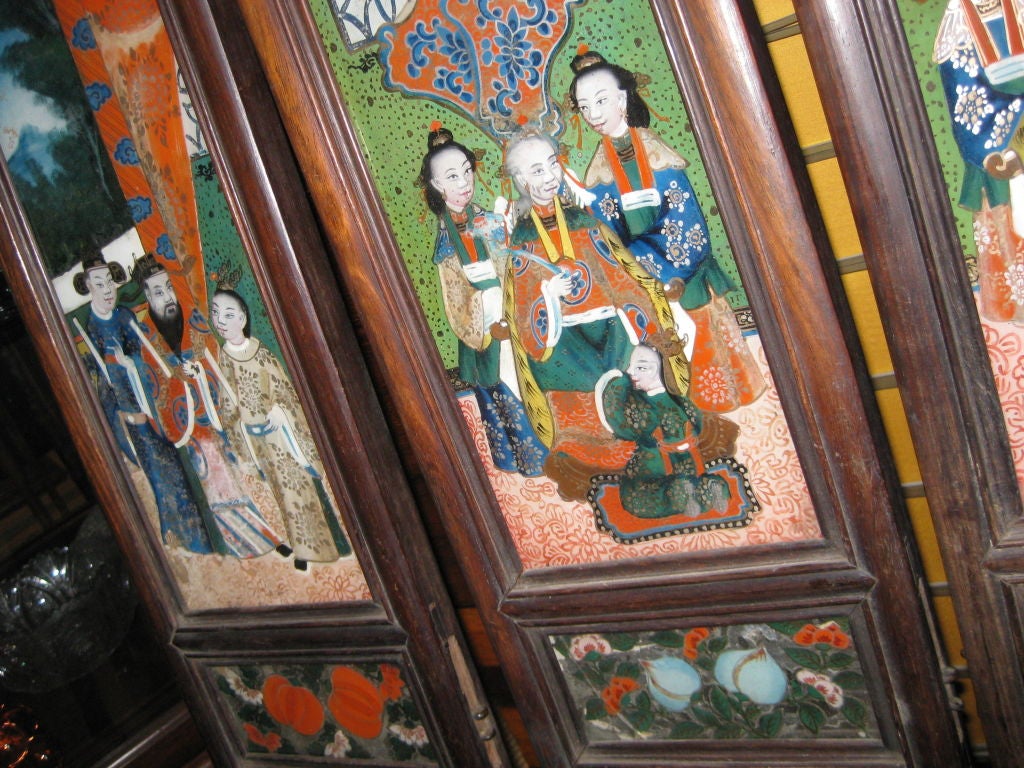 Wood Highly Decorative Four Panel 19th C Reverse Painted Screen For Sale