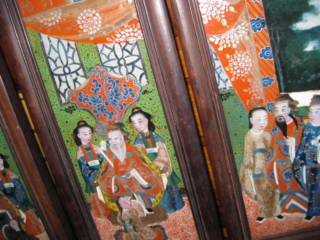 Highly Decorative Four Panel 19th C Reverse Painted Screen For Sale 2