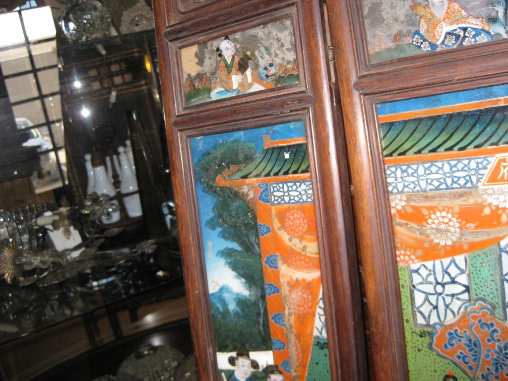 Highly Decorative Four Panel 19th C Reverse Painted Screen For Sale 3
