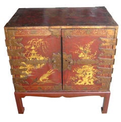 Antique Red Chinoiserie Decorated Cabinet on  Stand