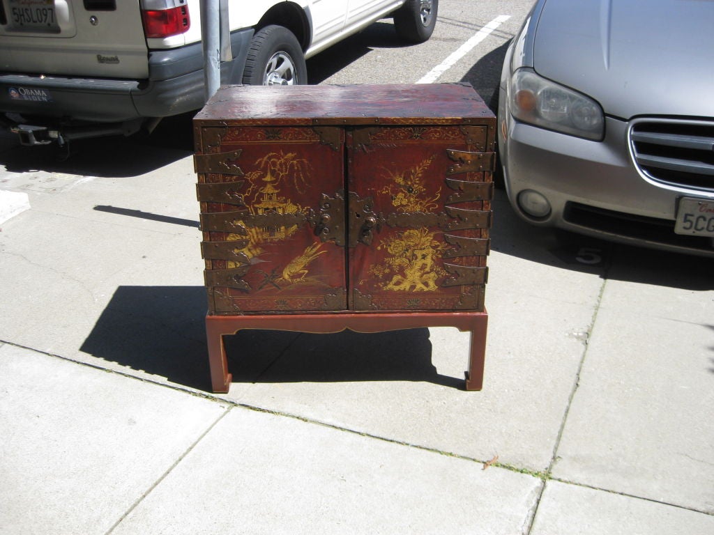Antique Red Chinoiserie Decorated Cabinet on  Stand