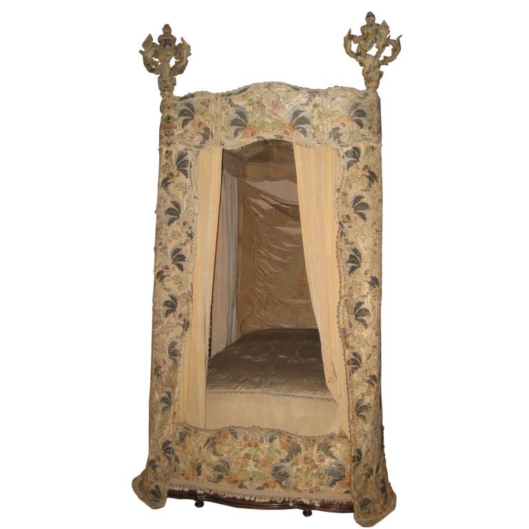 18th C Italian Canopy Bed with 17th C Textiles Museum Quality For Sale