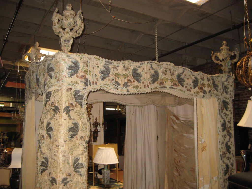 Wood 18th C Italian Canopy Bed with 17th C Textiles Museum Quality For Sale