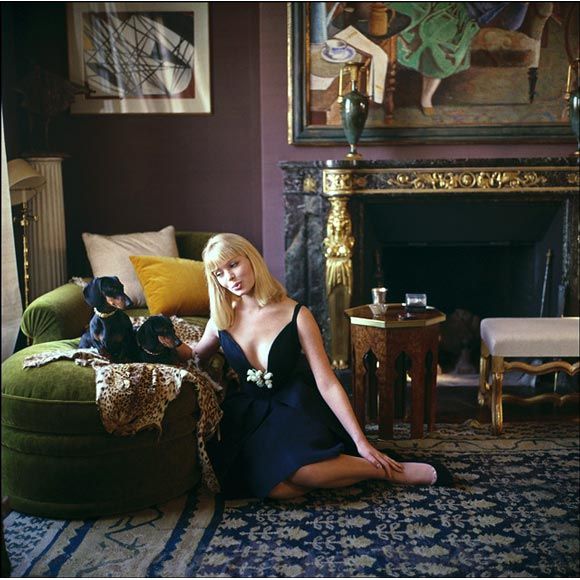Limited Edition Mark Shaw fashion photograph. This is an outtake from a series taken by Shaw for LIFE Magazine in 1960 combining couture and elegant Parisian interiors. Pictured here is Nico who went on to be the lead chanteuse of 