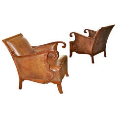 Antique Pair of Swedish Neo-Gothic Bergeres ca. 1920 in Brown Leather