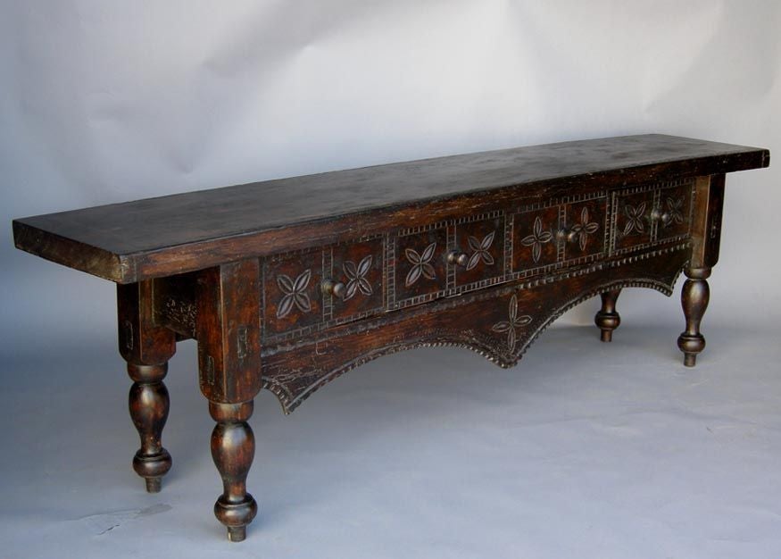 Guatemalan long and narrow nahuala table with 19th c. elements. Top is 2.5